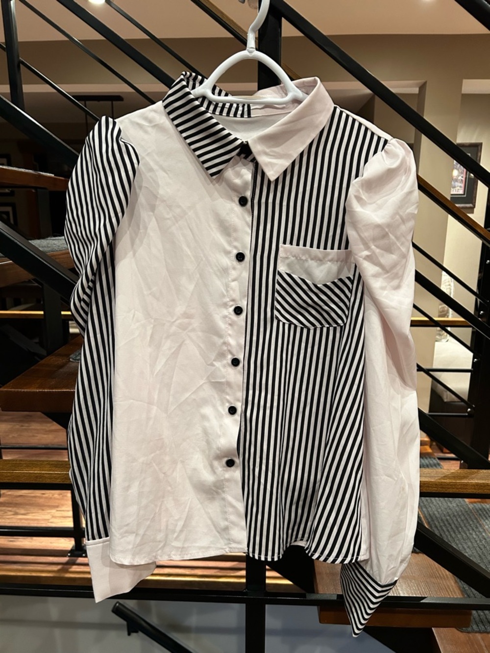 Black & White Striped Contrast Button-Up Shirt